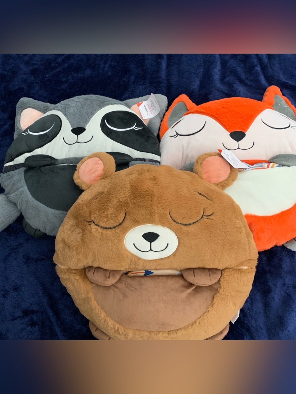 Toddler Plush Bear, Fox & Raccoon Animal Nap Sack In Brown, Orange, Grey.